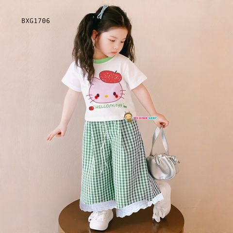 Set áo Hello Kitty Quần ống rộng phối ren dễ thương cho bé gái BXG1704