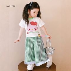Set áo Hello Kitty Quần ống rộng phối ren dễ thương cho bé gái BXG1704