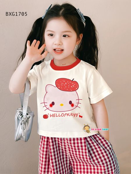 Set áo Hello Kitty Quần ống rộng phối ren dễ thương cho bé gái BXG1704
