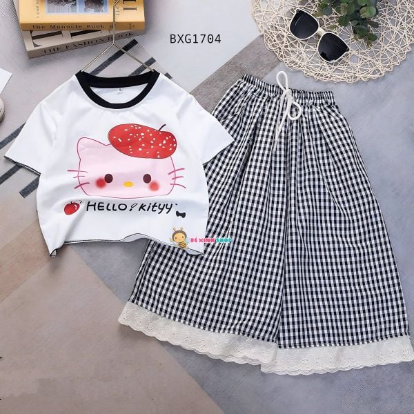 Set áo Hello Kitty Quần ống rộng phối ren dễ thương cho bé gái BXG1704