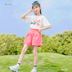 Set áo bông hoa LOVE quần kaki thun dễ thương cho bé gái BGB122569