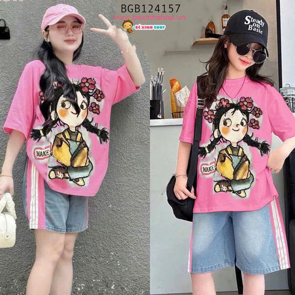 Set jean quần lửng phối sọc in cô gái THINIW dễ thương cho bé gái BGB124157