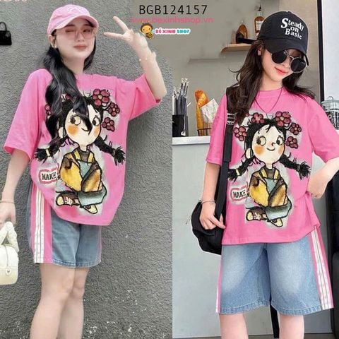 Set jean quần lửng phối sọc in cô gái THINIW dễ thương cho bé gái BGB124157