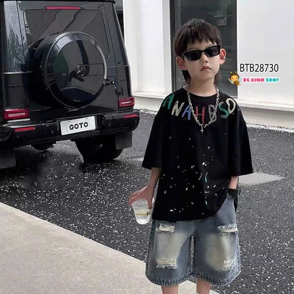 Set jean chữ hoạ tiết phun sơn phối quần jean wash rách cực ngầu cho bé trai BTB28730