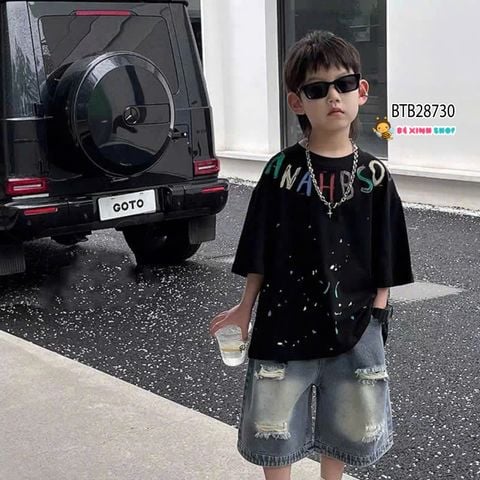 Set jean chữ hoạ tiết phun sơn phối quần jean wash rách cực ngầu cho bé trai BTB28730