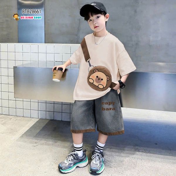 Set jean may liền  túi GẤU Capybara dễ thương cho bé trai BTB28660