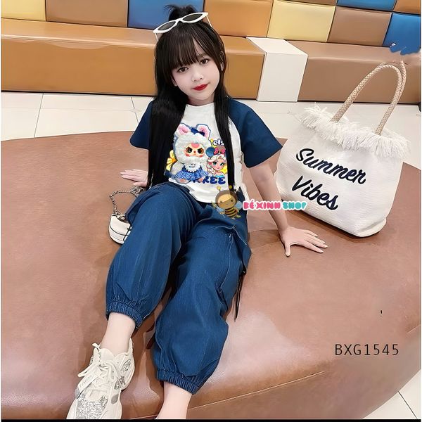 Bộ áo rút dây BabyThree tay raplang quần jeans mềm bo ống dễ thương cho bé gái đi chơi BXG1544