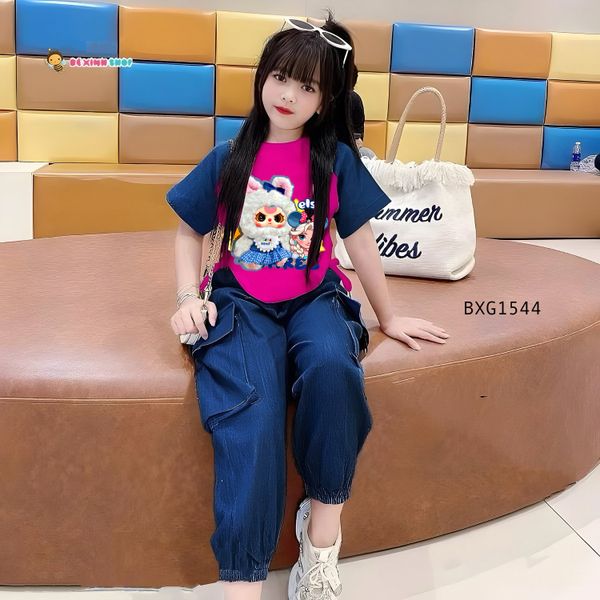Bộ áo rút dây BabyThree tay raplang quần jeans mềm bo ống dễ thương cho bé gái đi chơi BXG1544