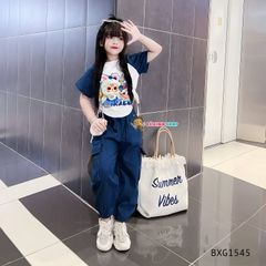 Bộ áo rút dây BabyThree tay raplang quần jeans mềm bo ống dễ thương cho bé gái đi chơi BXG1544