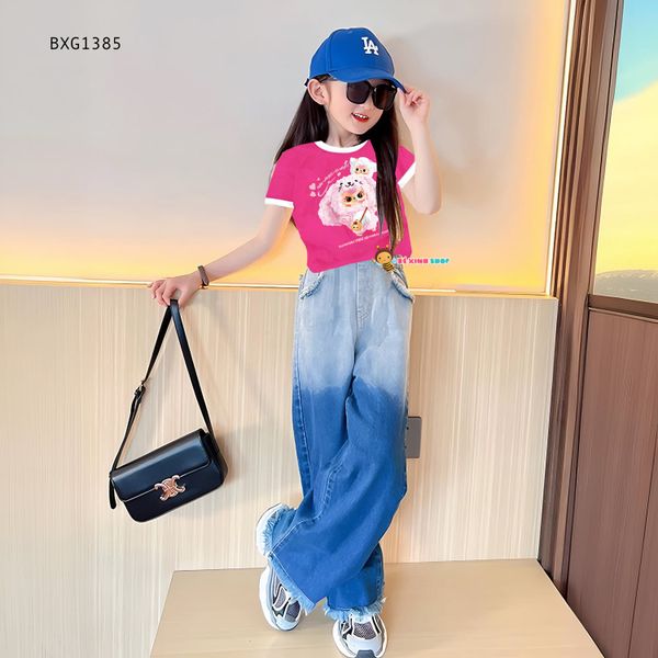 [LAI TUA WASH 2 MÀU] Set áo thun BabyThree quần jeans ống suông dễ thương cho bé gái đi chơi BXG1384