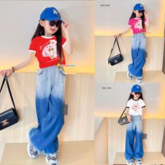 [LAI TUA WASH 2 MÀU] Set áo thun BabyThree quần jeans ống suông dễ thương cho bé gái đi chơi BXG1384