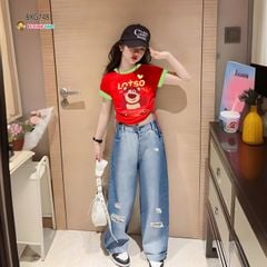Bộ jeans bé gái áo rút dây GẤU DÂU quần ống rộng BXG746