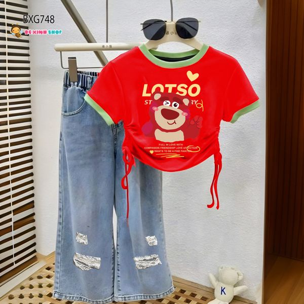 Bộ jeans bé gái áo rút dây GẤU DÂU quần ống rộng BXG746