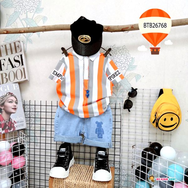 Set jeans áo cổ trụ phối sọc dễ thương cho bé trai BTB26766