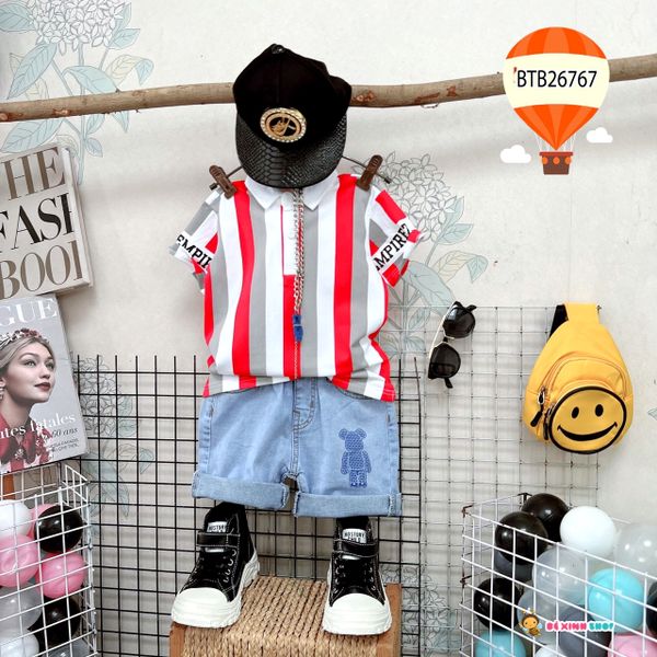 Set jeans áo cổ trụ phối sọc dễ thương cho bé trai BTB26766