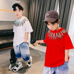 Set áo in hoa văn quần jeans wash phối dây gút dễ thương cho bé trai đi chơi Lễ Tết BXG1251