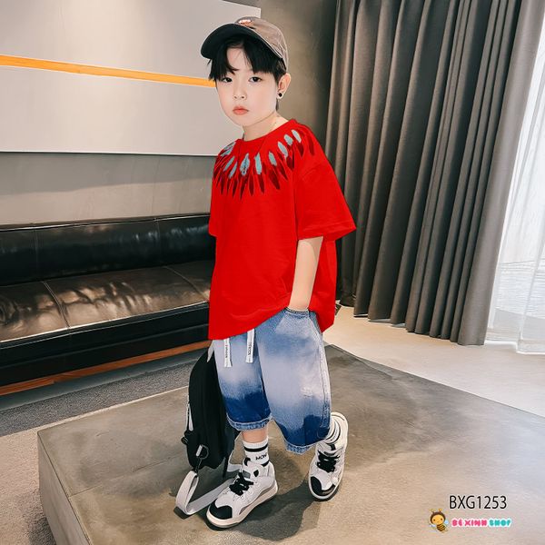 Set áo in hoa văn quần jeans wash phối dây gút dễ thương cho bé trai đi chơi Lễ Tết BXG1251