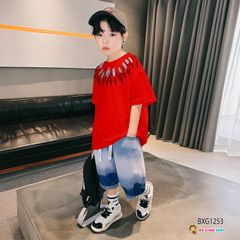 Set áo in hoa văn quần jeans wash phối dây gút dễ thương cho bé trai đi chơi Lễ Tết BXG1251