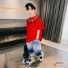 Set áo in hoa văn quần jeans wash phối dây gút dễ thương cho bé trai đi chơi Lễ Tết BXG1251