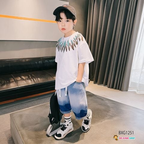 Set áo in hoa văn quần jeans wash phối dây gút dễ thương cho bé trai đi chơi Lễ Tết BXG1251