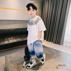 Set áo in hoa văn quần jeans wash phối dây gút dễ thương cho bé trai đi chơi Lễ Tết BXG1251