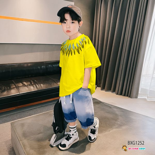 Set áo in hoa văn quần jeans wash phối dây gút dễ thương cho bé trai đi chơi Lễ Tết BXG1251