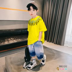 Set áo in hoa văn quần jeans wash phối dây gút dễ thương cho bé trai đi chơi Lễ Tết BXG1251