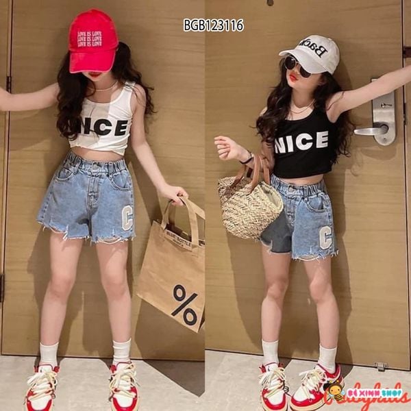 Set áo croptop NICE quần sort jeans dễ thương cho bé gái BGB123116