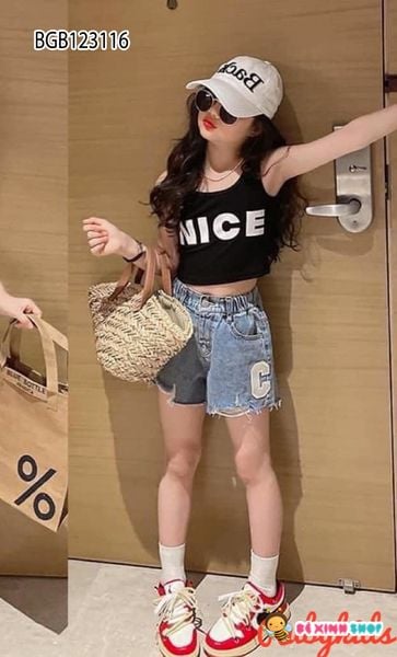 Set áo croptop NICE quần sort jeans dễ thương cho bé gái BGB123116