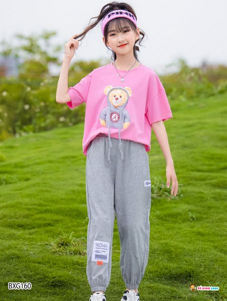 Set jogger IN GẤU PHỐI DÂY dễ thương cho bé gái BXG159