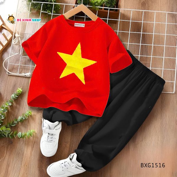 Set áo thun quần jogger đồng phục Tôi Yêu Việt Nam cho bé trai nhảy, đi chơi BXG1516