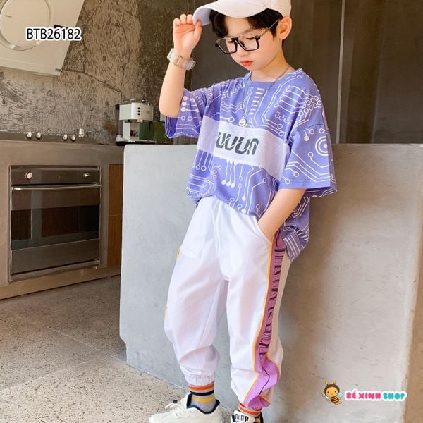 [XẢ KHO] Set áo hoa văn in chữ quần jogger thể thao dễ thương cho bé trai BTB26181