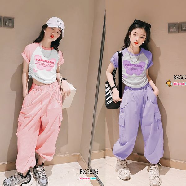 Set áo raplang rút dây quần kaki túi hộp bo ống dễ thương cho bé gái đi chơi BXG676