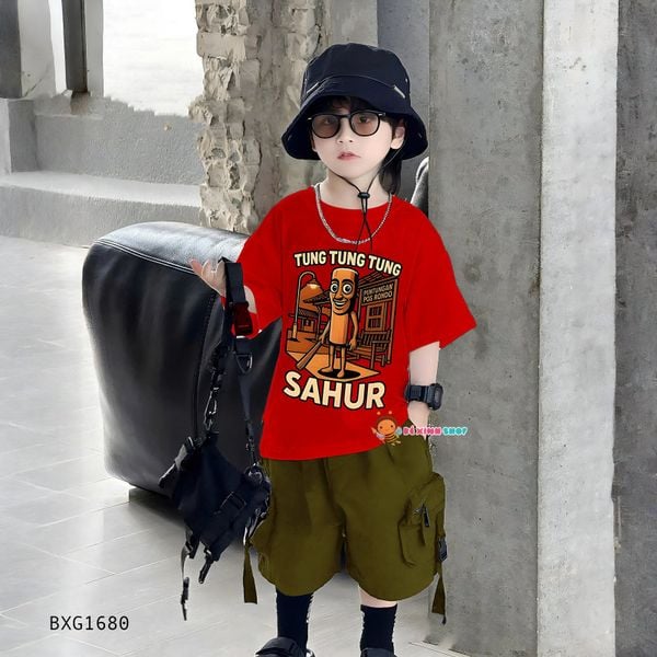 Set áo thun in Tung Tung SAHUR quần kaki túi hộp dễ thương cho bé trai  BXG1680