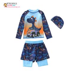 Set bơi tay dài quần cặp họa tiết hoạt hình kèm nón dễ thương cho bé trai (14-31kg) BTB28911