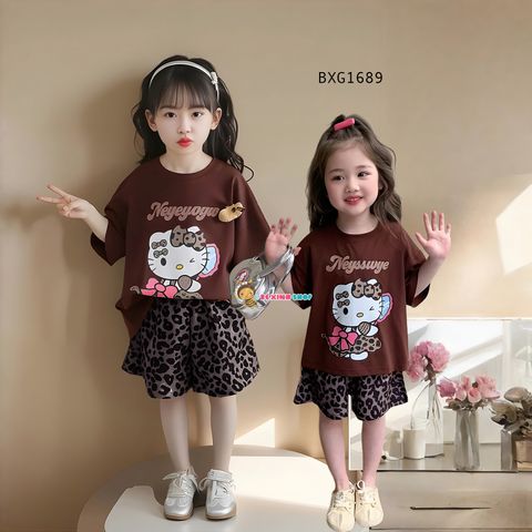 Set áo thun Hello Kitty Quần da beo dễ thương cho bé gái BXG1689