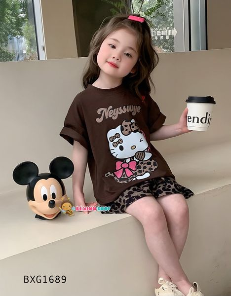 Set áo thun Hello Kitty Quần da beo dễ thương cho bé gái BXG1689