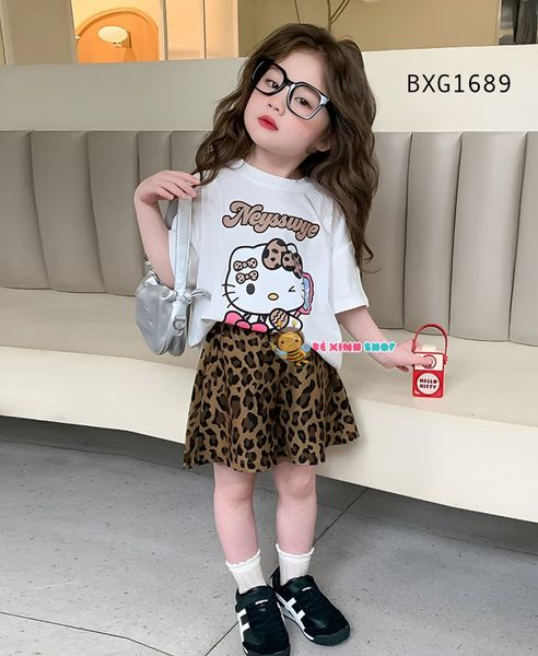 Set áo thun Hello Kitty Quần da beo dễ thương cho bé gái BXG1689
