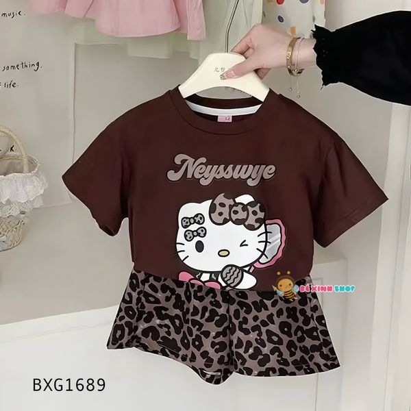 Set áo thun Hello Kitty Quần da beo dễ thương cho bé gái BXG1689