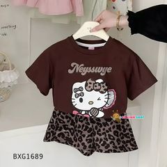 Set áo thun Hello Kitty Quần da beo dễ thương cho bé gái BXG1689