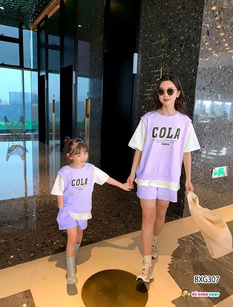 Set áo lệch tà COLA quần sort dễ thương cho bé gái BXG307