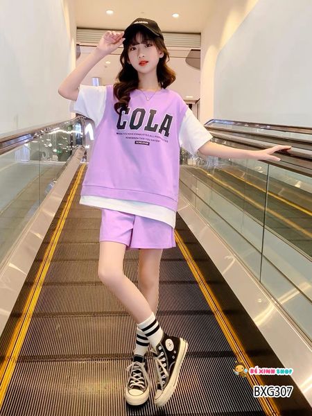 Set áo lệch tà COLA quần sort dễ thương cho bé gái BXG307