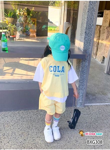 Set áo lệch tà COLA quần sort dễ thương cho bé gái BXG307