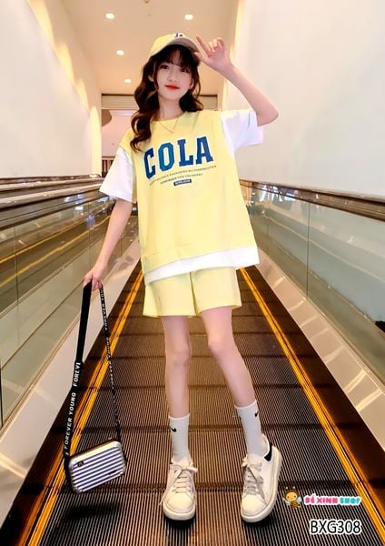 Set áo lệch tà COLA quần sort dễ thương cho bé gái BXG307