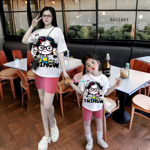 Set áo in bé gái mặt kính quần legging lửng dễ thương cho mẹ & bé gái BXG1603