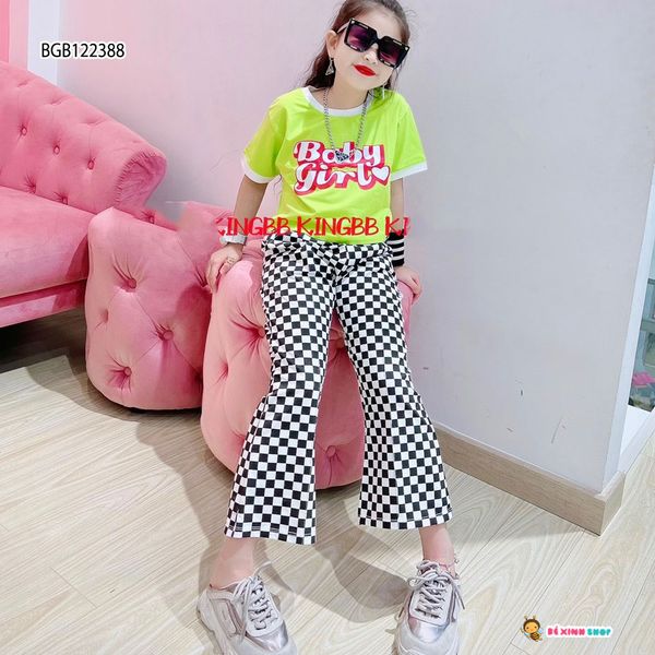 Bộ quần loe baby girl caro áo in chữ dễ thương cho bé gái BGB122386