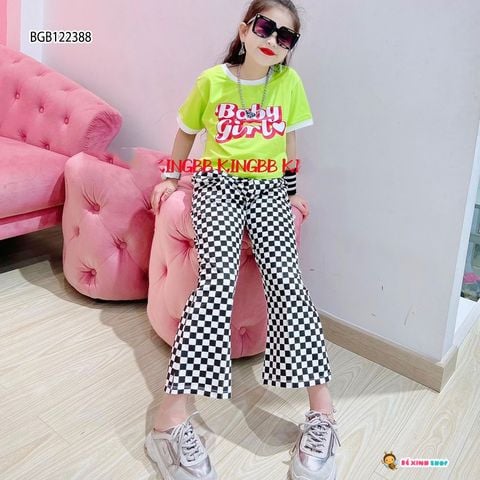 [XẢ KHO] Bộ quần loe baby girl caro áo in chữ dễ thương cho bé gái BGB122386