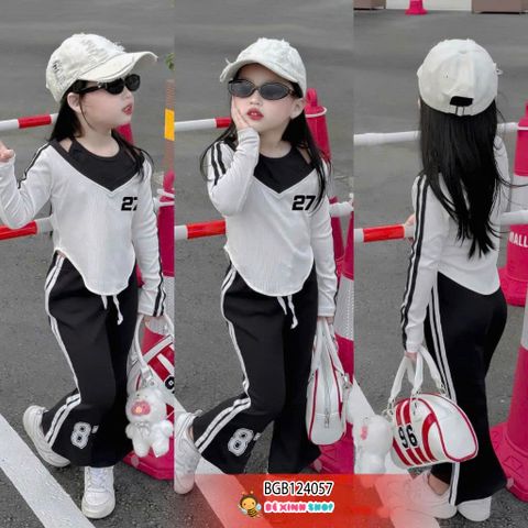 Set dài tay kiểu yếm phối quần loe thể thao 27 dễ thương cho bé gái BGB124056