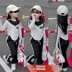 Set dài tay kiểu yếm phối quần loe thể thao 27 dễ thương cho bé gái BGB124056