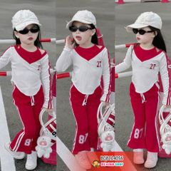 Set dài tay kiểu yếm phối quần loe thể thao 27 dễ thương cho bé gái BGB124056
